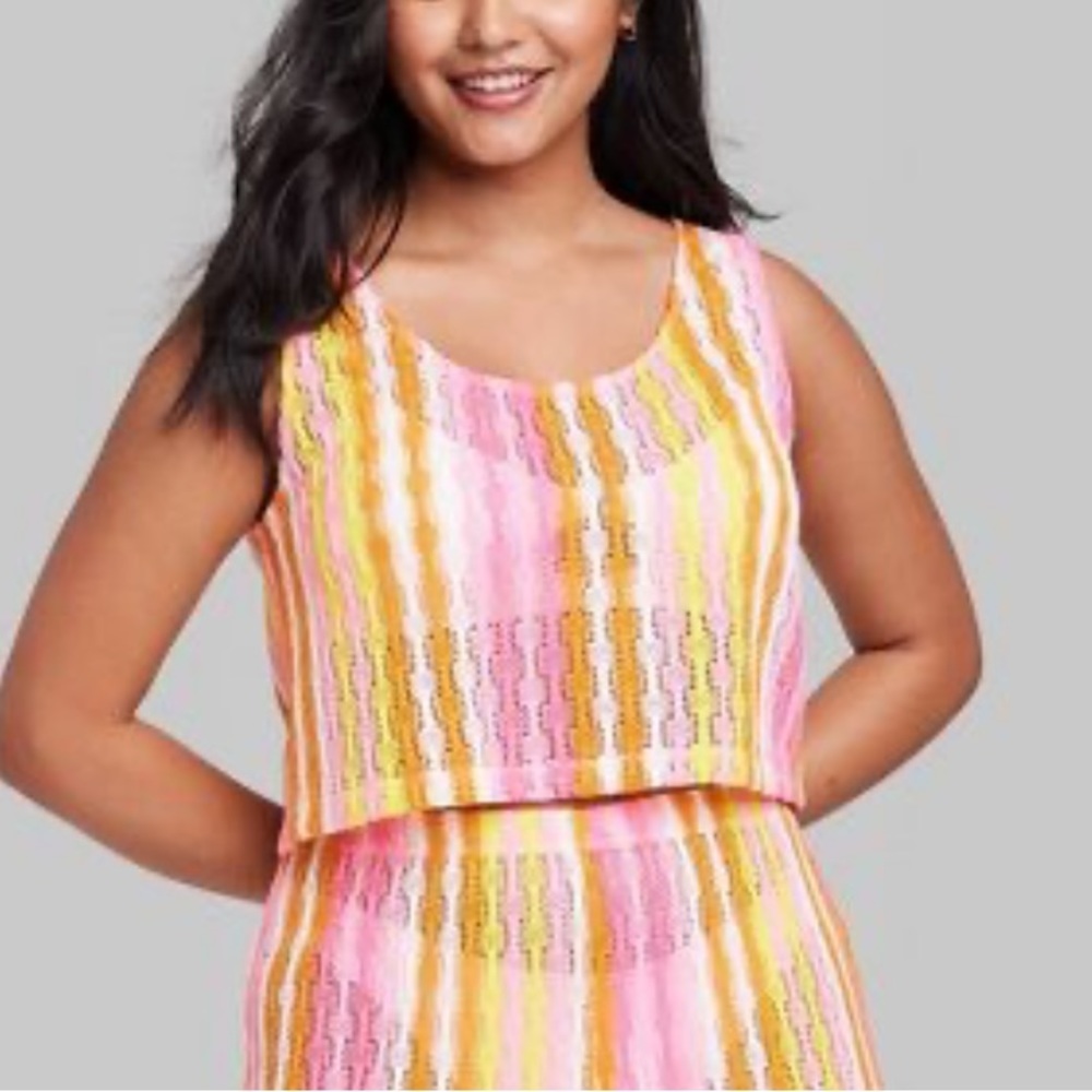 Wild Fable Orange Stripe Openwork Tank Top Crop Crochet Sheer Women Small NEW